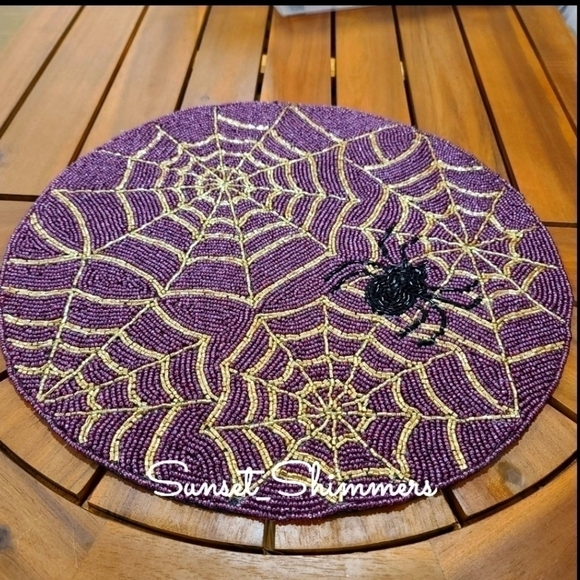 4 Purple & Gold Sparkly Beaded Spider Web Placemat Chargers 15" Halloween New - Picture 8 of 8